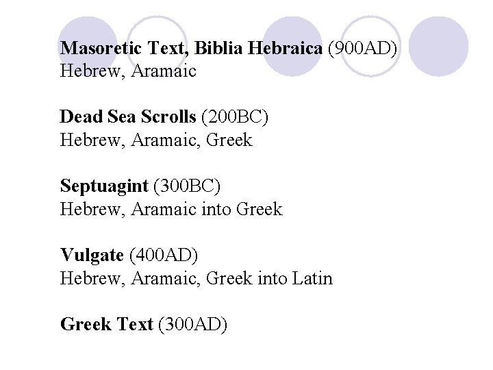 Masoretic Text, Biblia Hebraica (900 AD) Hebrew, Aramaic Dead Sea Scrolls (200 BC) Hebrew,