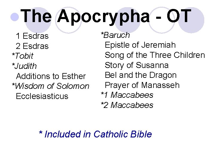 l. The Apocrypha - OT 1 Esdras 2 Esdras *Tobit *Judith Additions to Esther