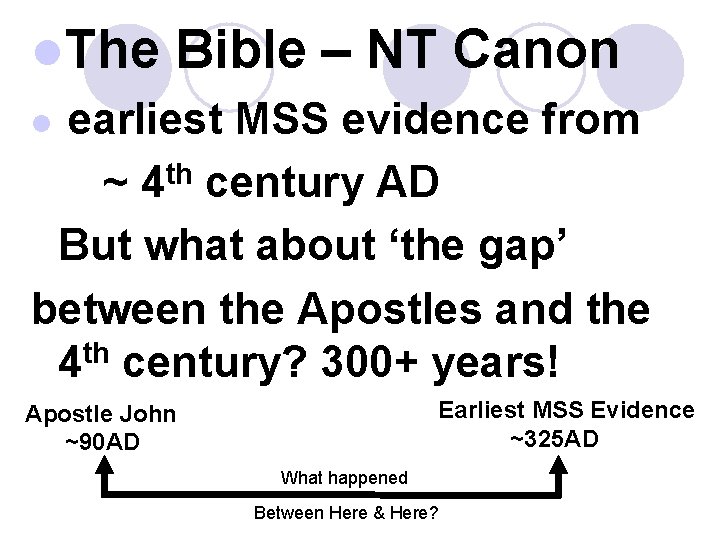 l. The Bible – NT Canon earliest MSS evidence from th ~ 4 century