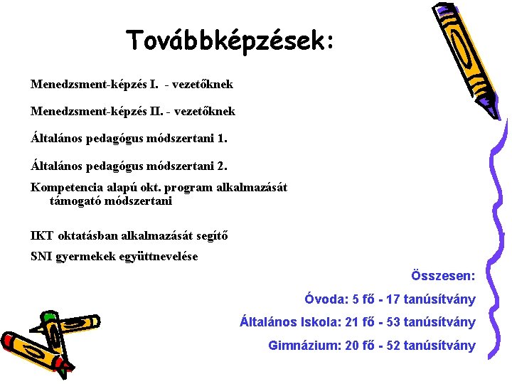 Továbbképzések: Menedzsment-képzés I. - vezetőknek Menedzsment-képzés II. - vezetőknek Általános pedagógus módszertani 1. Általános