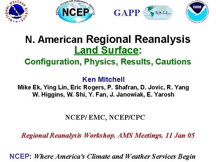 GAPP N. American Regional Reanalysis Land Surface: Configuration, Physics, Results, Cautions Ken Mitchell Mike