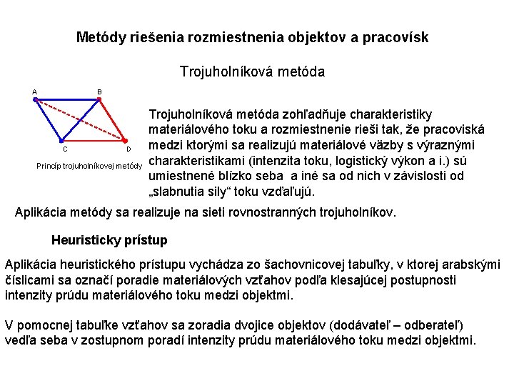 Metódy riešenia rozmiestnenia objektov a pracovísk Trojuholníková metóda A B C D Princíp trojuholníkovej