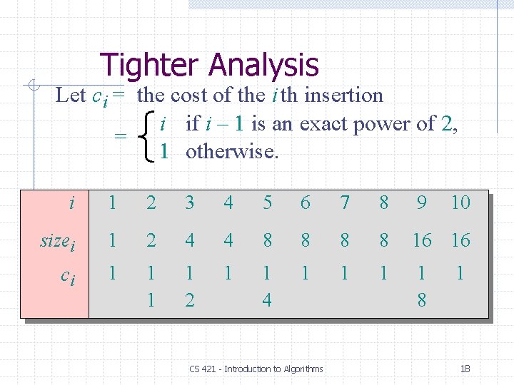 Tighter Analysis Let ci = the cost of the i th insertion i if