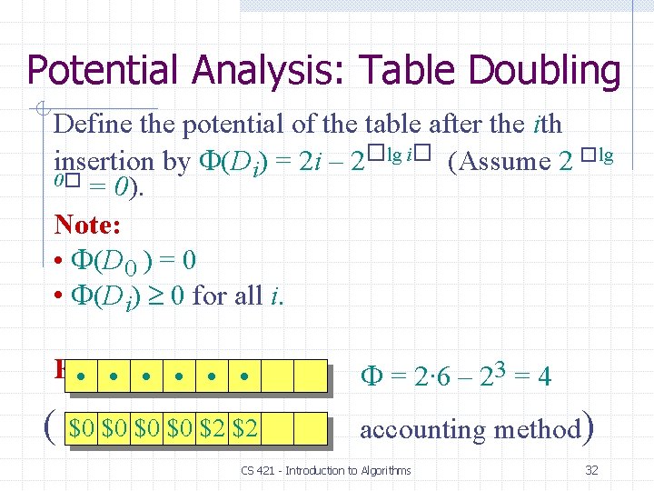 Potential Analysis: Table Doubling Define the potential of the table after the ith insertion