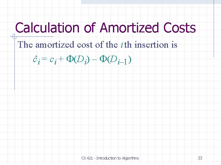 Calculation of Amortized Costs The amortized cost of the i th insertion is ĉi