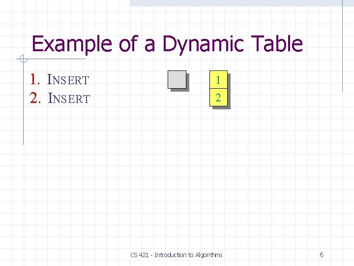 Example of a Dynamic Table 1. INSERT 2. INSERT 11 2 CS 421 -
