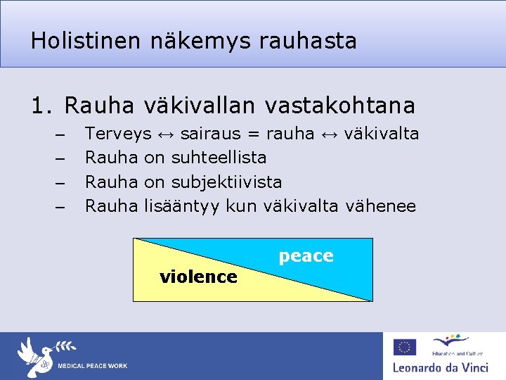 Holistinen näkemys rauhasta 1. Rauha väkivallan vastakohtana – – Terveys ↔ sairaus = rauha