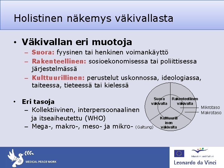 Holistinen näkemys väkivallasta • Väkivallan eri muotoja – Suora: fyysinen tai henkinen voimankäyttö –