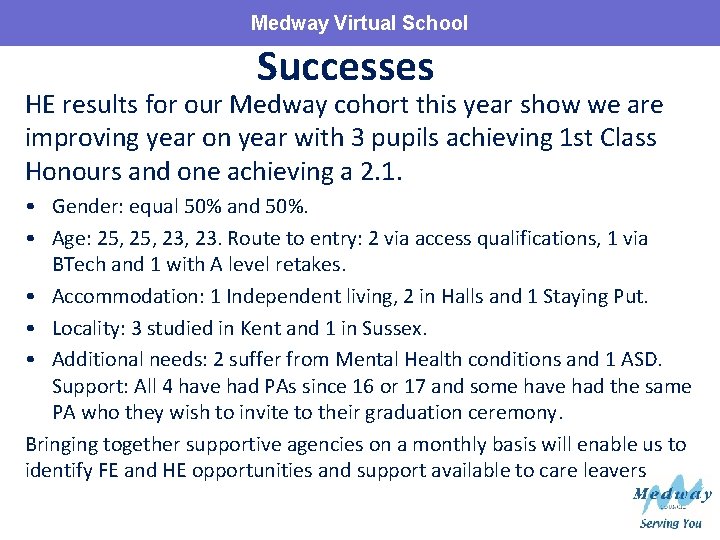 Medway Virtual School Successes HE results for our Medway cohort this year show we