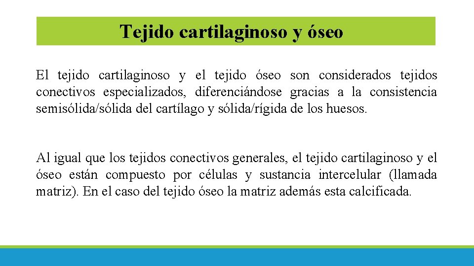Tejido cartilaginoso y óseo El tejido cartilaginoso y el tejido óseo son considerados tejidos
