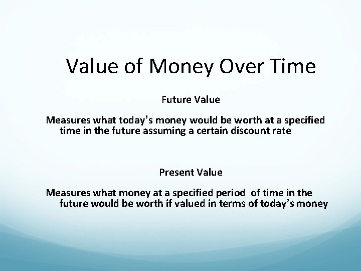 Value of Money Over Time Future Value Measures what today’s money would be worth