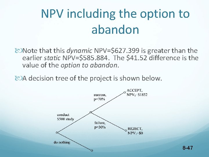 NPV including the option to abandon Note that this dynamic NPV=$627. 399 is greater