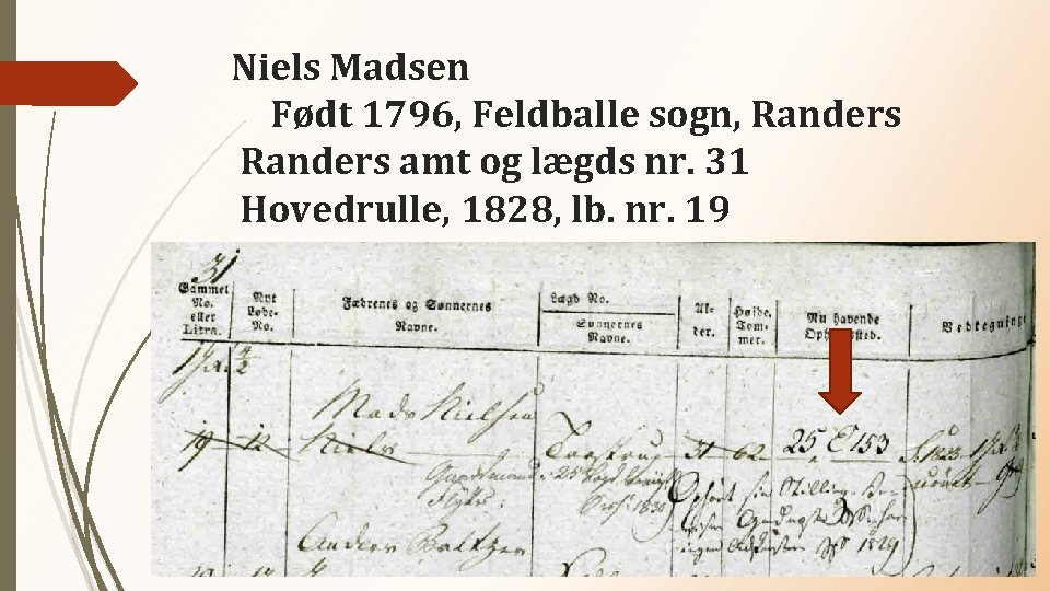 Niels Madsen Født 1796, Feldballe sogn, Randers amt og lægds nr. 31 Hovedrulle, 1828,