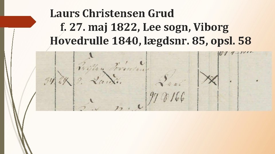 Laurs Christensen Grud f. 27. maj 1822, Lee sogn, Viborg Hovedrulle 1840, lægdsnr. 85,