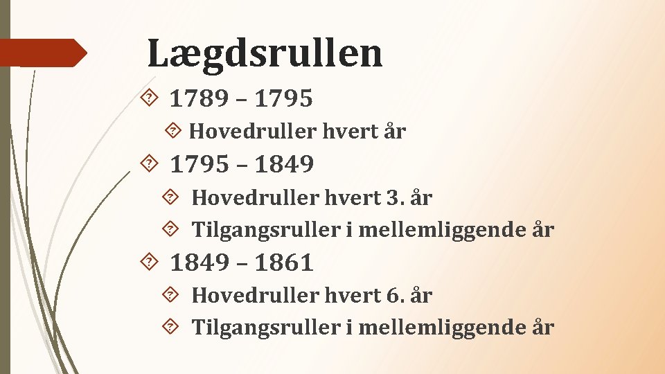 Lægdsrullen 1789 – 1795 Hovedruller hvert år 1795 – 1849 Hovedruller hvert 3. år