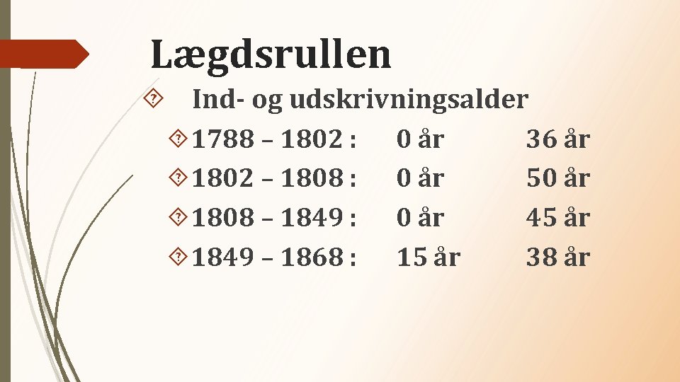 Lægdsrullen Ind- og udskrivningsalder 1788 – 1802 : 0 år 36 år 1802 –