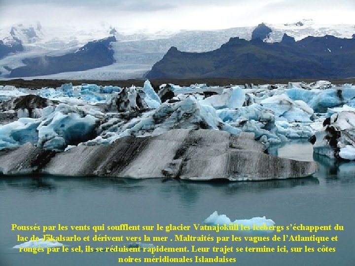 Poussés par les vents qui soufflent sur le glacier Vatnajoküll les icebergs s’échappent du