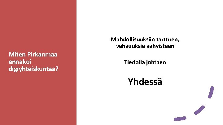 Mahdollisuuksiin tarttuen, vahvuuksia vahvistaen Miten Pirkanmaa ennakoi digiyhteiskuntaa? Tiedolla johtaen Yhdessä 