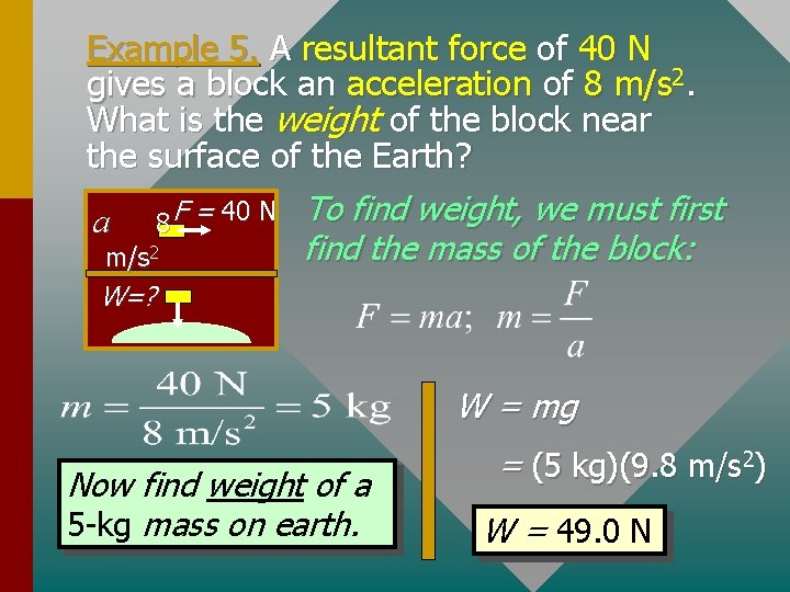 Example 5. A resultant force of 40 N gives a block an acceleration of