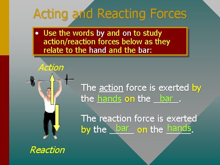 Acting and Reacting Forces • Use the words by and on to study action/reaction