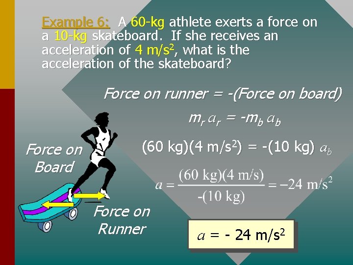 Example 6: A 60 -kg athlete exerts a force on a 10 -kg skateboard.