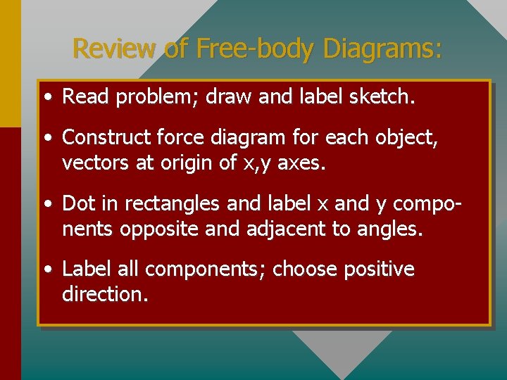 Review of Free-body Diagrams: • Read problem; draw and label sketch. • Construct force