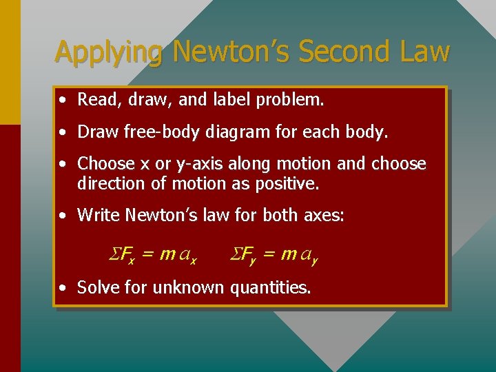Applying Newton’s Second Law • Read, draw, and label problem. • Draw free-body diagram