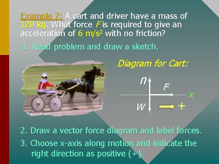 Example 7: A cart and driver have a mass of 120 kg. What force