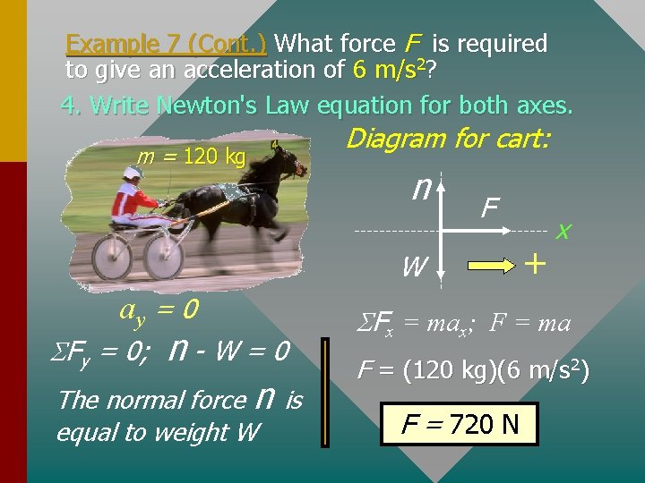 Example 7 (Cont. ) What force F is required to give an acceleration of