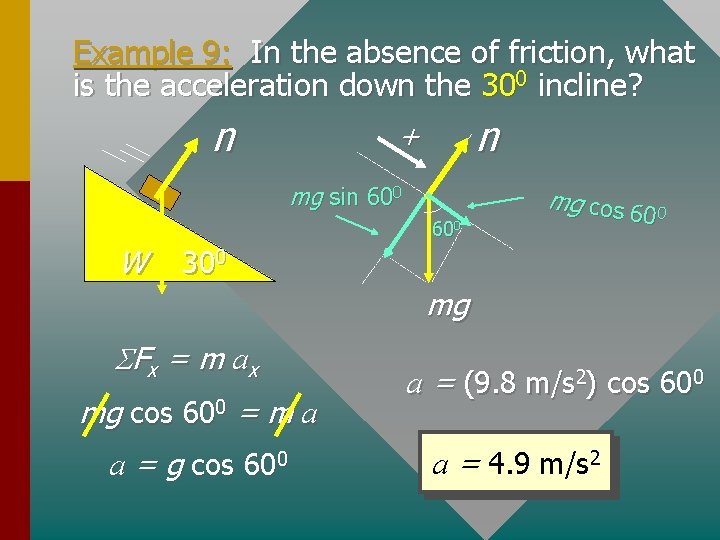 Example 9: In the absence of friction, what is the acceleration down the 300