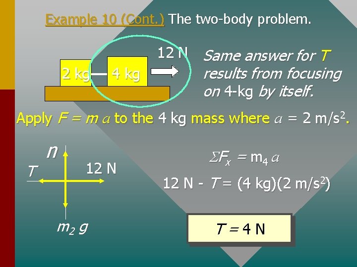 Example 10 (Cont. ) The two-body problem. 2 kg 4 kg 12 N Same