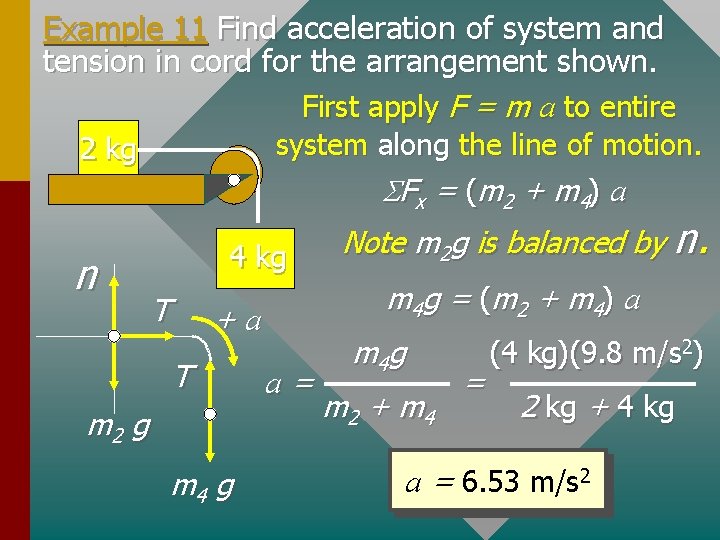 Example 11 Find acceleration of system and tension in cord for the arrangement shown.