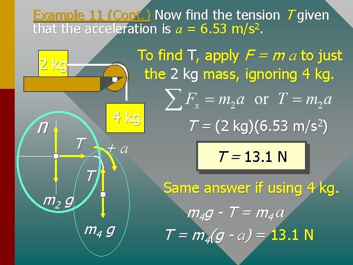 Example 11 (Cont. ) Now find the tension T given that the acceleration is