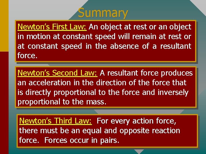 Summary Newton’s First Law: An object at rest or an object in motion at