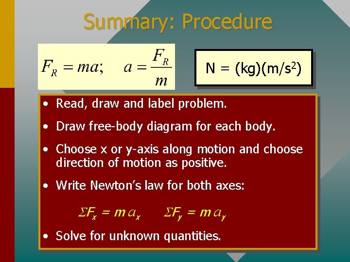 Summary: Procedure N = (kg)(m/s 2) • Read, draw and label problem. • Draw