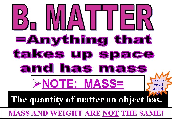 ØNOTE: MASS= Mass vs. weight animati on The quantity of matter an object has.