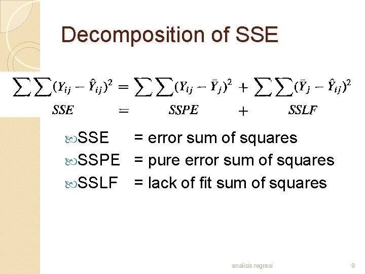 Decomposition of SSE = error sum of squares SSPE = pure error sum of