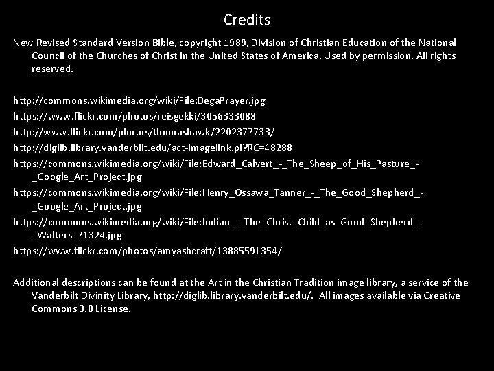 Credits New Revised Standard Version Bible, copyright 1989, Division of Christian Education of the