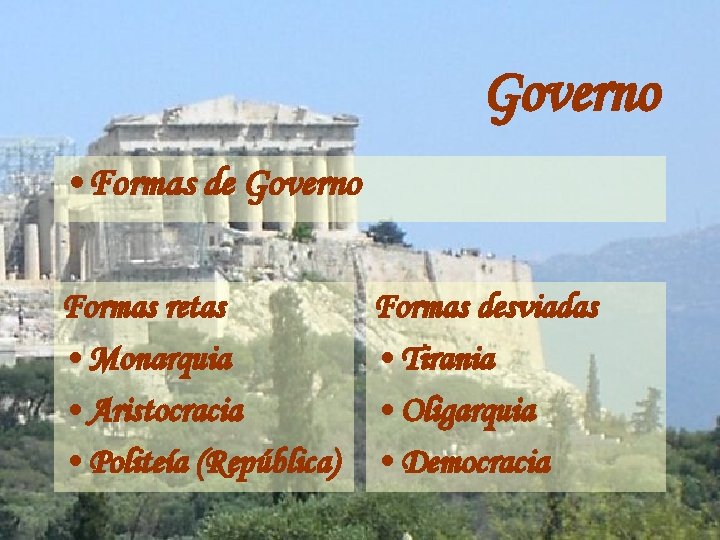 Governo • Formas de Governo Formas retas • Monarquia • Aristocracia • Politeía (República)