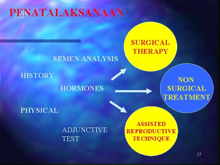 PENATALAKSANAAN SEMEN ANALYSIS HISTORY HORMONES SURGICAL THERAPY NON SURGICAL TREATMENT PHYSICAL ADJUNCTIVE TEST ASSISTED