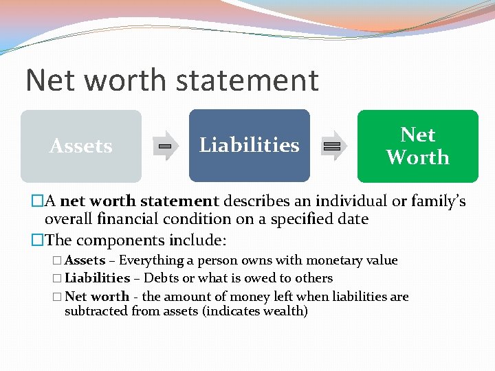 Net worth statement Assets Liabilities Net Worth �A net worth statement describes an individual