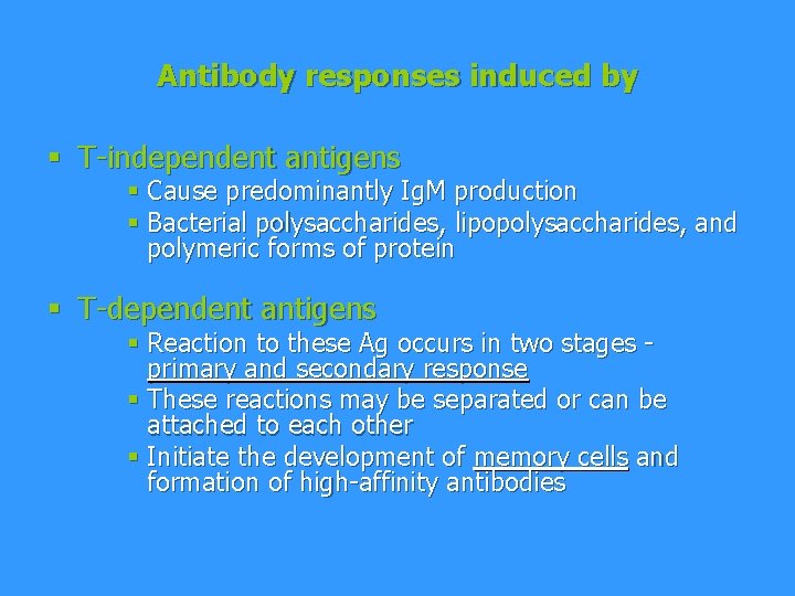 Antibody responses induced by § T-independent antigens § Cause predominantly Ig. M production §