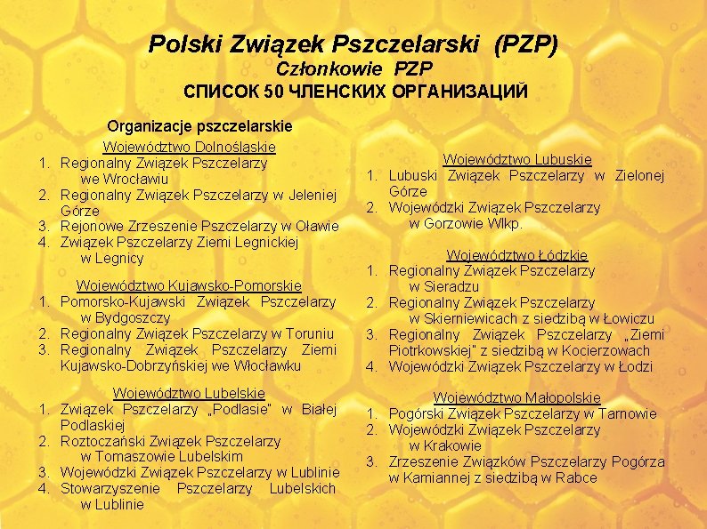 Polski Związek Pszczelarski (PZP) Członkowie PZP СПИСОК 50 ЧЛЕНСКИХ ОРГАНИЗАЦИЙ Organizacje pszczelarskie 1. 2.