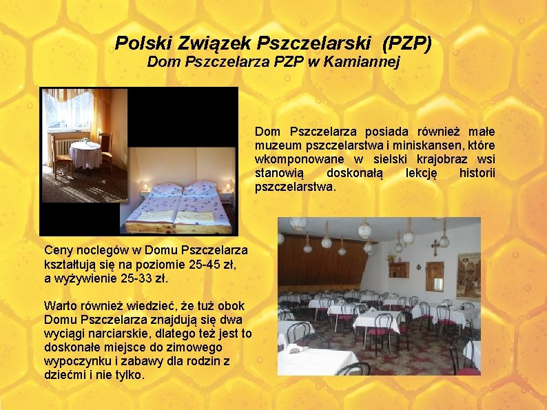 Polski Związek Pszczelarski (PZP) Dom Pszczelarza PZP w Kamiannej Dom Pszczelarza posiada również małe