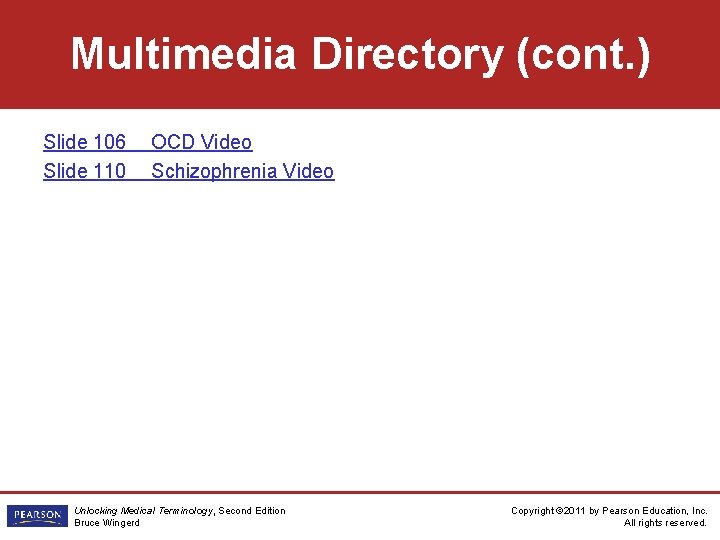 Multimedia Directory (cont. ) Slide 106 Slide 110 OCD Video Schizophrenia Video Unlocking Medical