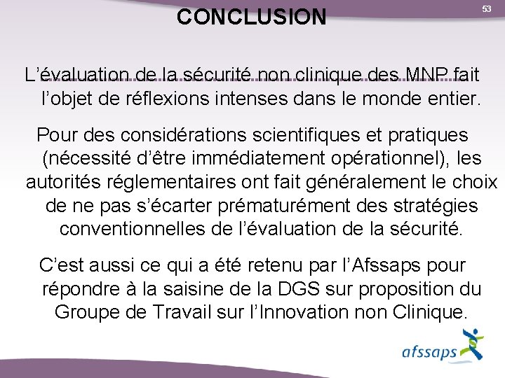 CONCLUSION 53 L’évaluation de la sécurité non clinique des MNP fait l’objet de réflexions