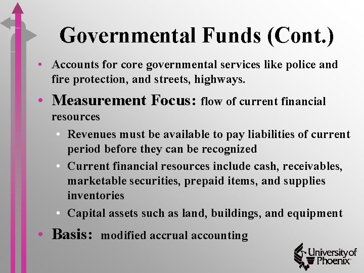 Governmental Funds (Cont. ) • Accounts for core governmental services like police and fire