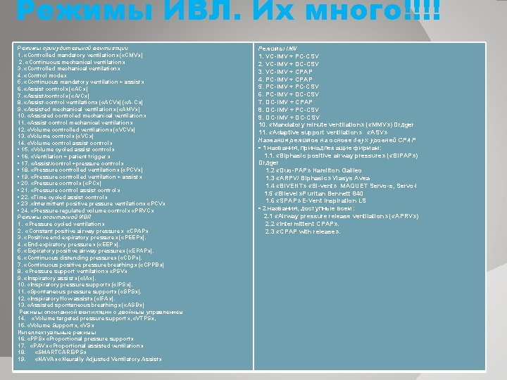 Режимы ИВЛ. Их много!!!! Режимы принудительной вентиляции 1. «Controlled mandatory ventilation» ( «CMV» )