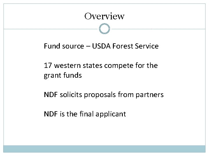 Overview Fund source – USDA Forest Service 17 western states compete for the grant