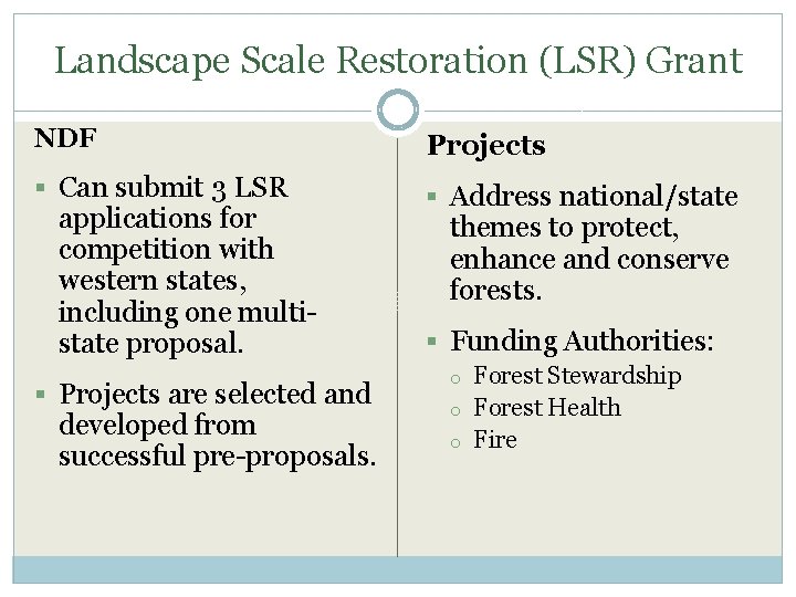 Landscape Scale Restoration (LSR) Grant NDF Projects § Can submit 3 LSR § Address